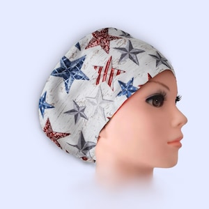 Euro Scrub Cap - Adjustable - Satin Buttons Lined option - Stars