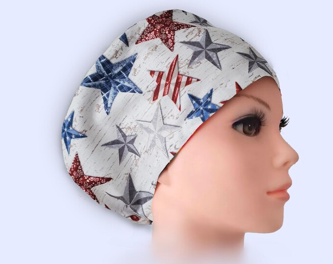 Euro Scrub Cap - Adjustable - Satin Buttons Lined option - Stars