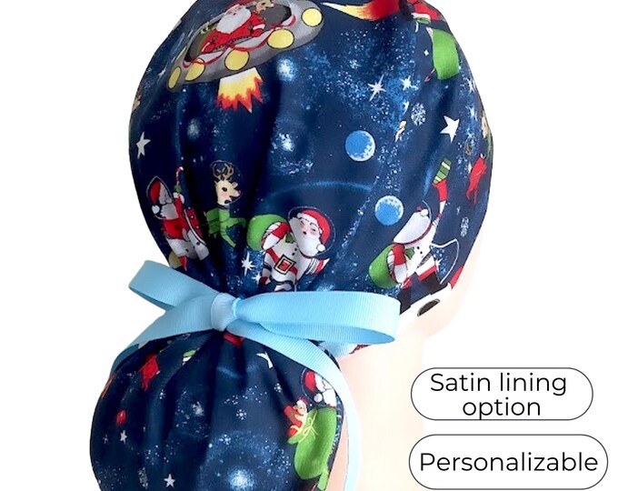 Christmas Surgical Cap Ponytail - Santa Claus in Space - Satin Lined option - FifthCraftyStreet