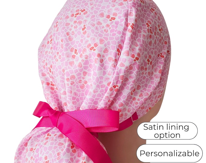 Blush Mosaic Ponytail Scrub Cap - Surgical Cap - Satin Lined option
