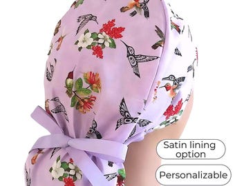 Satin Lined Surgical Cap -  Hummingbird Print personalizable Option
