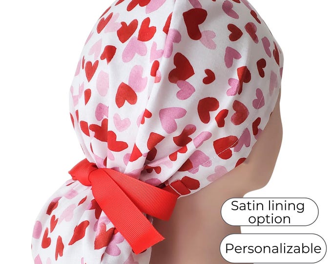 Valentine Heart  Ponytail Scrub Cap with Satin Lining option