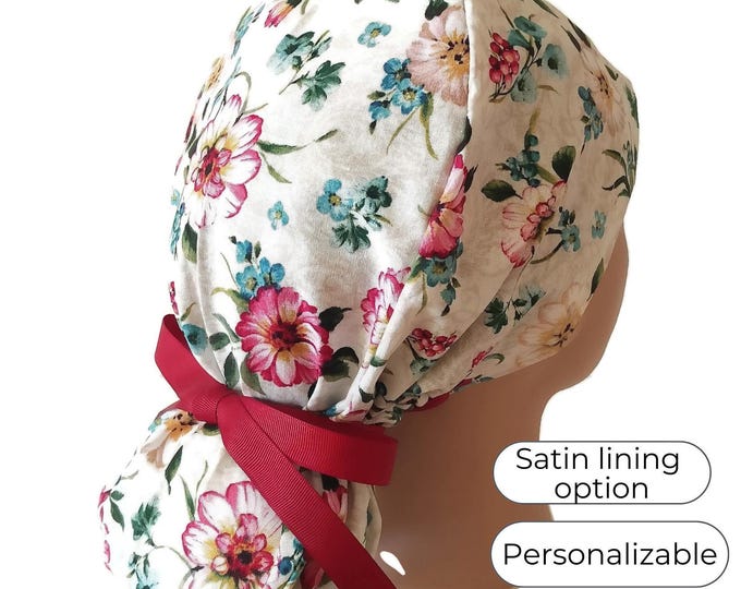 Floral Ponytail Scrub Cap: Satin Lined Cotton Surgical Hat