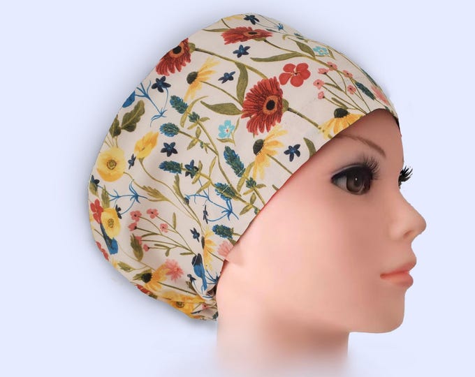 Scrub Cap Satin-Lined Cotton Euro Style: Wildflower Print
