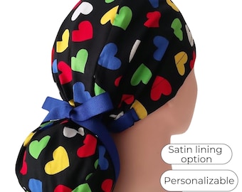 Heart on black Ponytail Scrub Cap with Satin Lining, Personalized option