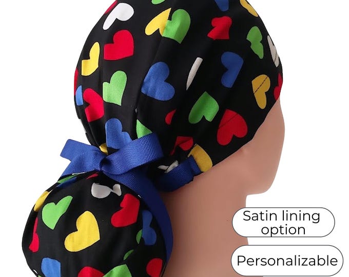 Heart on black Ponytail Scrub Cap with Satin Lining, Personalized option
