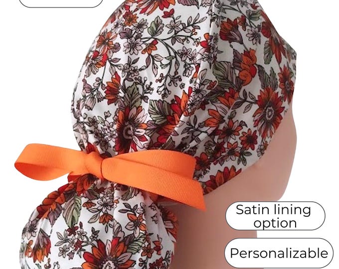 Fall Ponytail Scrub Cap for Women - Floral Surgical Cap with Satin Lined Option - FifthCraftyStreet