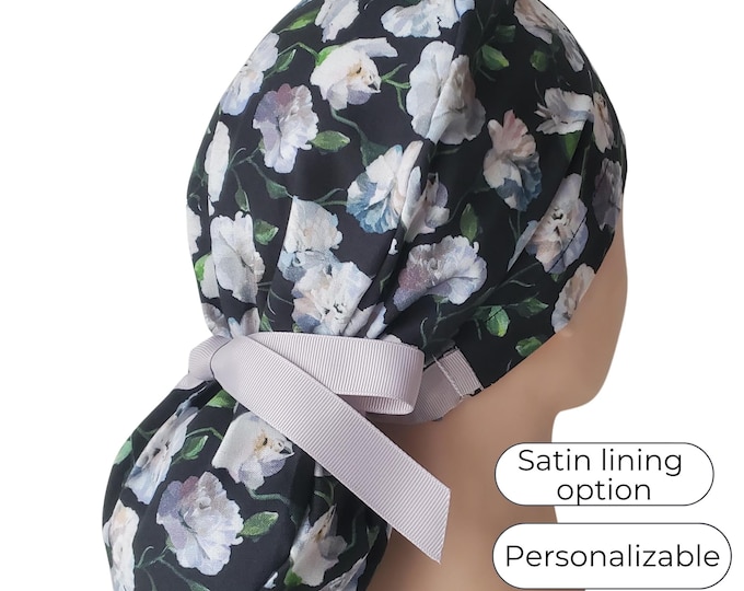 Ponytail Scrub Cap - Floral Surgical Cap with Ponytail Holder Satin Lined Option - FifthCraftyStreet