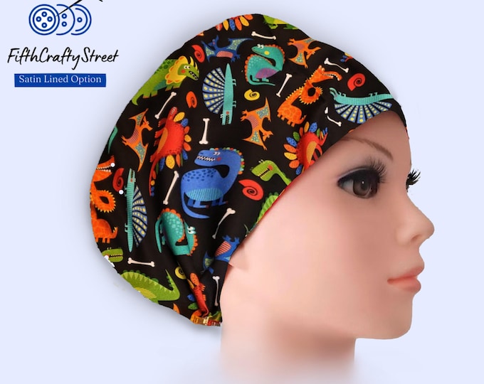 Dinosaur Euro Scrub Cap: Satin Lined Adjustable Cotton Surgical Cap