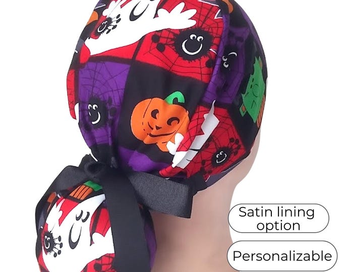 Halloween Surgical Cap - Pumpkin Scrub Nurse Hat - Satin Lined - FifthCraftyStreet