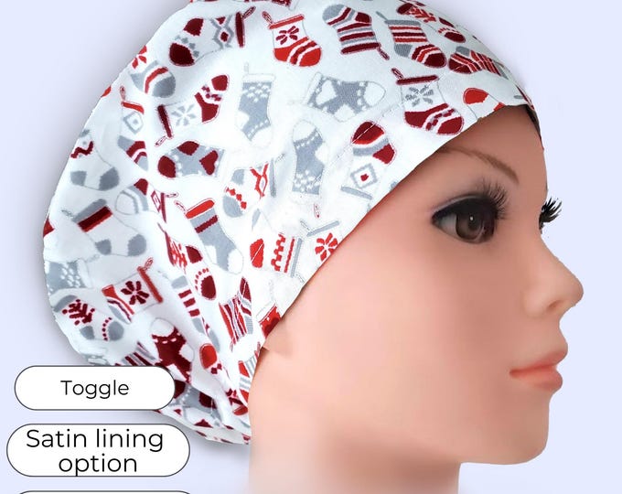 Christmas Stockings Euro Scrub Cap Satin Lined Option Adjustable Surgical Hat
