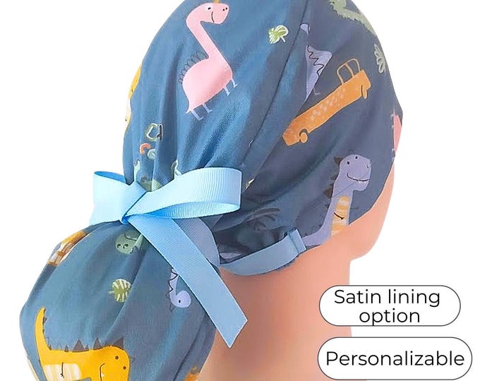 Dinosaur blue Ponytail Nurse Hat Satin Lined Option