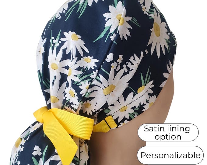 Navy Daisy Ponytail Scrub Cap: Silky Satin Lined Cotton