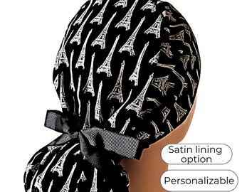 Ponytail Scrub Cap, Satin Lined option, Eiffel Tower Print (Adjustable Fit)