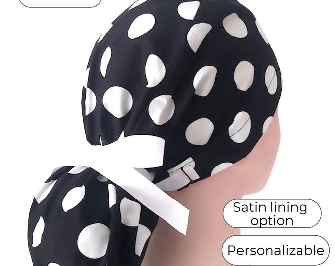 Polka Dot Ponytail Scrub Cap for Women - Surgical Cap Satin Lined Option - FifthCraftyStreet