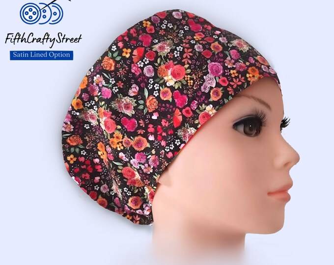Floral Euro Scrub Caps for Women - Adjustable - Satin Lining option - FifthCraftyStreet