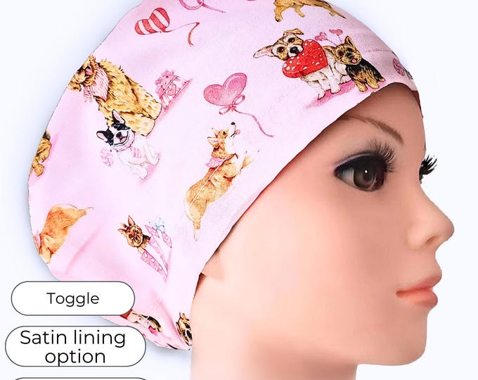 Euro Style Scrub Cap, Pink Dog Heart: Adjustable Surgical Hat, Satin Lining, Personalization Option