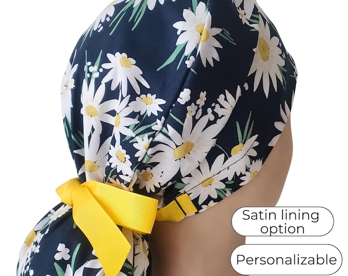 Navy Daisy Ponytail Scrub Cap: Silky Satin Lined Cotton Surgical Cap