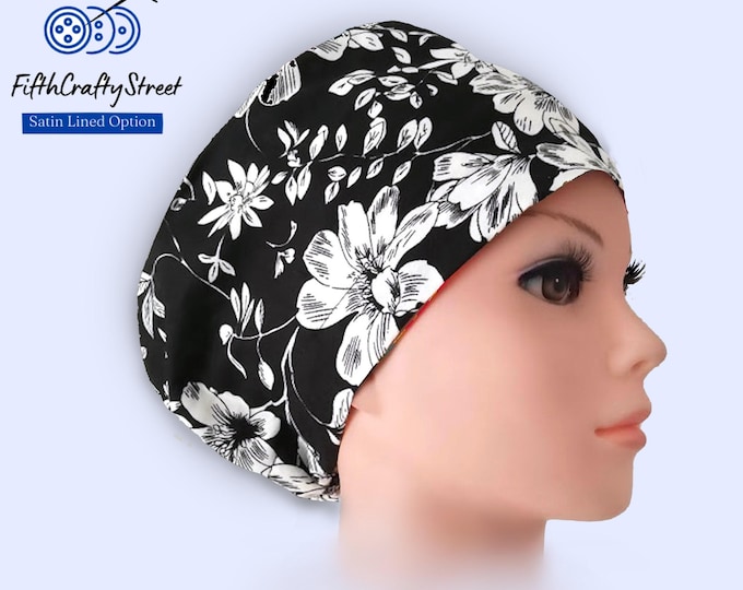 Euro Scrub Caps - Adjustable - Satin Lining option - Floral Black White -