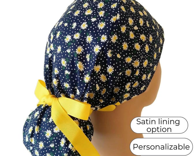 Little Daisy Ponytail Scrub Cap - Surgical Cap with Satin Lining Option - FifthCraftyStreet