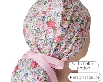 Floral Ponytail Scrub Cap: Satin Lined Cotton Surgical Hat
