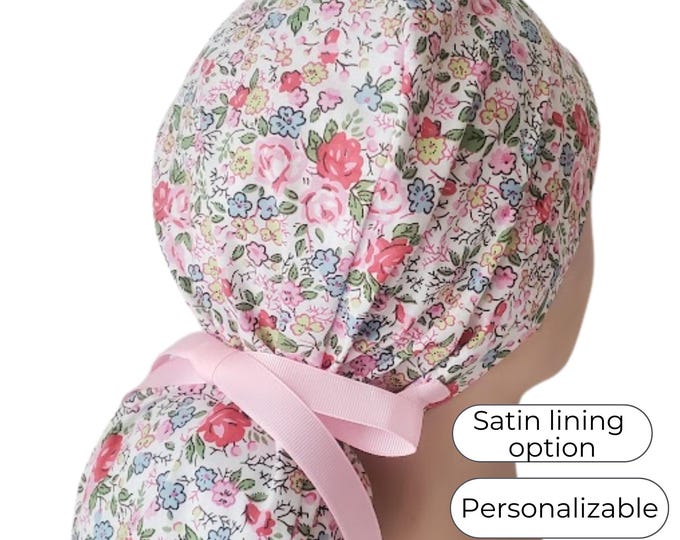 Flower Ponytail Scrub Cap for Women - Floral Surgical Satin Lined Scrub Cap option - FifthCraftyStreet