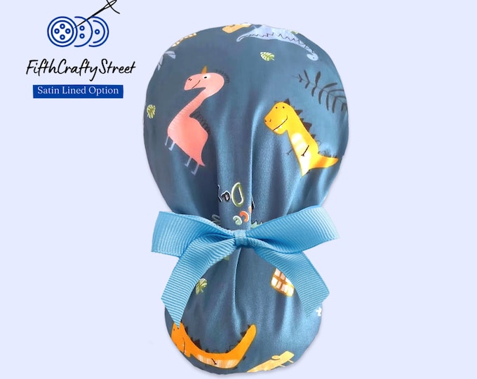 Dinosaur blue Ponytail Scrub Cap - Surgical Cap Satin Lined Option - FifthCraftyStreet
