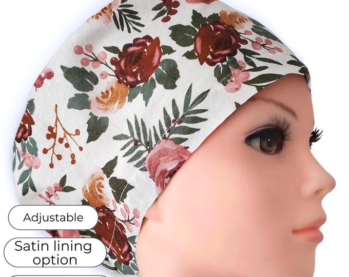 Floral Euro Scrub Cap for Nurses – Adjustable, Optional Satin Lining, Personalizable