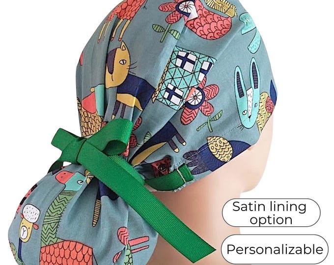 Llama Ponytail Scrub Cap for Women - Surgical Cap with Silky Satin Lining Option -