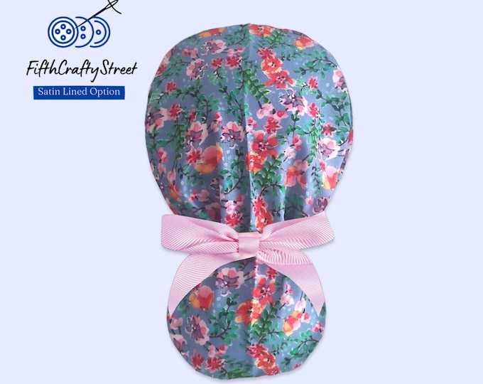 Satin Lined Scrub Cap Ponytail style - Lavender Floral Surgical Cap for Women - FifthCraftyStreet