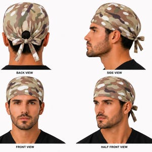 May include: A camouflage print scrub cap featuring a multi-colored pattern of tan, brown, green, and white shapes. The cap includes a tie-back closure at the nape of the neck, providing an adjustable fit. The design is shown from four angles.