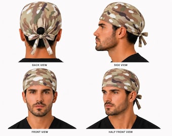 Tie Back Scrub Cap - Adjustable: Satin Lining option, Buttons, Personalizable, Camouflage