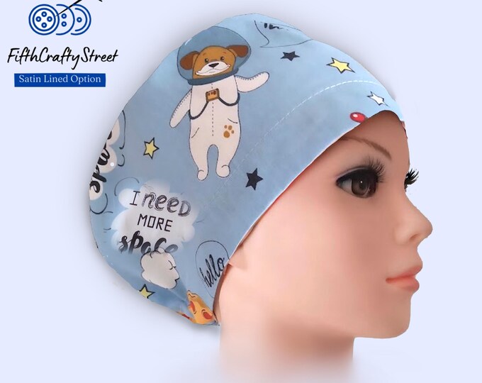 I need more Space - Euro Scrub Cap - Astronaut Dog- Adjustable - Satin Lining option -
