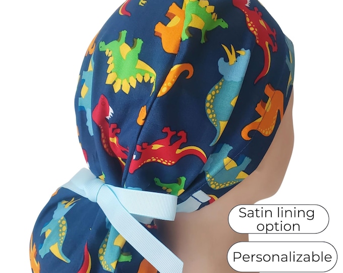 Ponytail Scrub Cap Satin Lined Personalized Scrub Caps for Women : Dinosaur Print