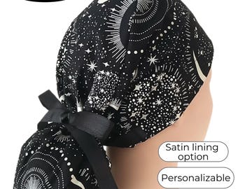 Glow in the Dark Ponytail Scrub Cap: Moon, Stars, Space - Satin Lining Option