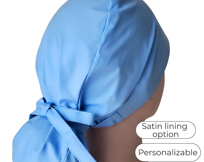 Sky Blue Ponytail Scrub Cap Satin Lined Option Surgical Hat for Women