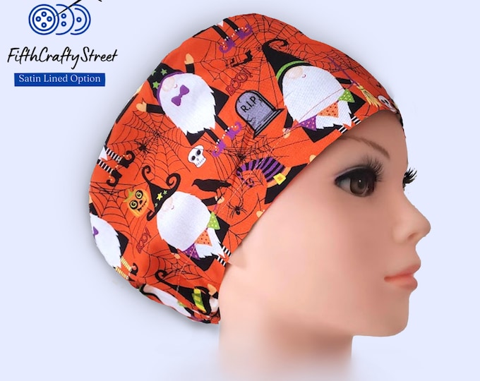 Euro Scrub Cap - Adjustable - Satin Lining option - Halloween Gnome in a Black Hat Boo - FifthCraftyStreet