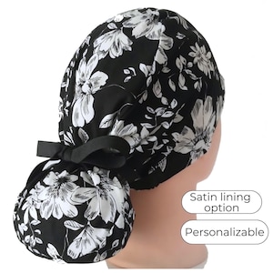 Ponytail Scrub Cap with Satin Lining Option: Black and White Floral with Black Ribbon