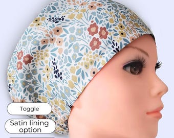 Pastel Floral Euro Scrub Cap Satin Lined Option Surgical Hat for Nurses