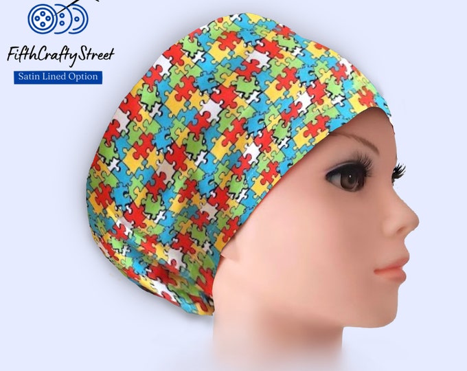 Euro Scrub Cap for Women -Puzzle- Adjustable - Satin Lined Scrub Cap - FifthCraftyStreet