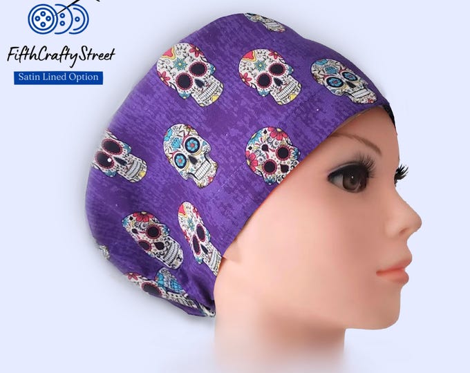 Euro Scrub Caps - Adjustable - Satin Lining option - Day of the Dead - Sugar Skull - FifthCraftyStreet