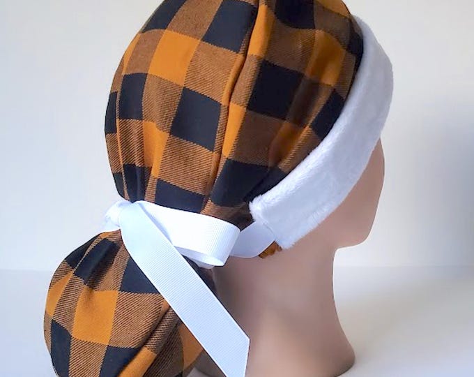 Christmas ponytail scrub cap in rust and black buffalo plaid flannel with fluffy white band autumn-inspired, satin lined option