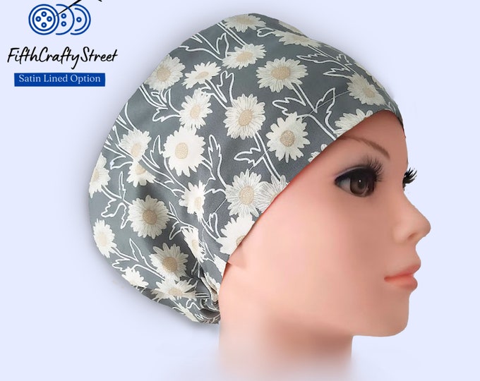 Gray Euro Scrub Caps - Satin Lined option - Adjustable - Flowers - FifthCraftyStreet