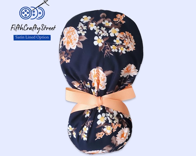 Satin Lined Surgical Scrub Cap - Navy with Coral Ribbons - FifthCraftyStreet