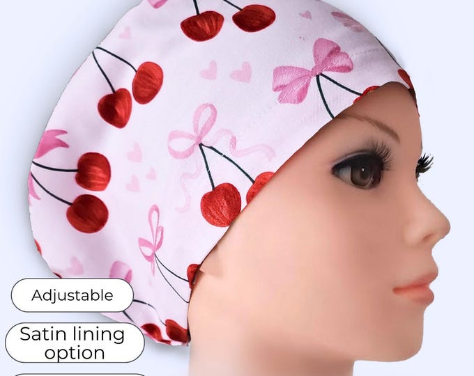 Cherry Heart Euro Scrub Cap - Adjustable Fit, Satin Lining Option