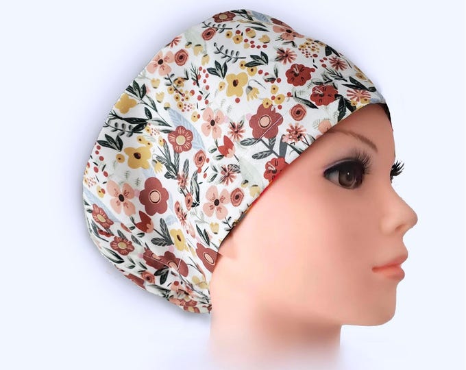 Euro Scrub Cap - Adjustable - Satin Buttons Lined option - Fall Garden