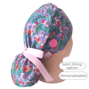 Satin Lined Scrub Cap Ponytail style - Lavender Floral Surgical Cap for Women -