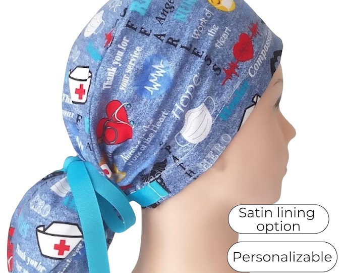 Nursing is the work of the heart Ponytail Scrub Cap for Women - I love Nurse - Surgical Cap with Satin Lining option - FifthCraftyStreet