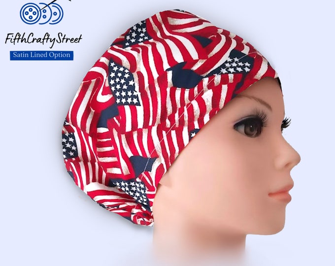 Patriotic - Euro Scrub Cap - Surgical Cap - 4th of July - American Flag - Silky Satin Lining Option - FifthCraftyStreet