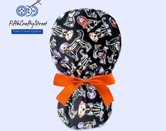 Day of the Dead - Scrub Caps Ponytail style with Satin Lining option - FifthCraftyStreet